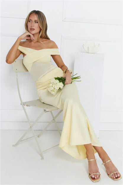 Silent Dreams Mesh Satin Off Shoulder Maxi Dress