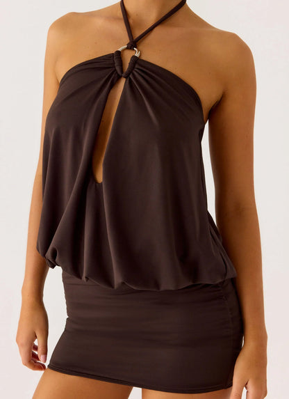 Jisoo Halter Mini Dress - Cool Chocolate