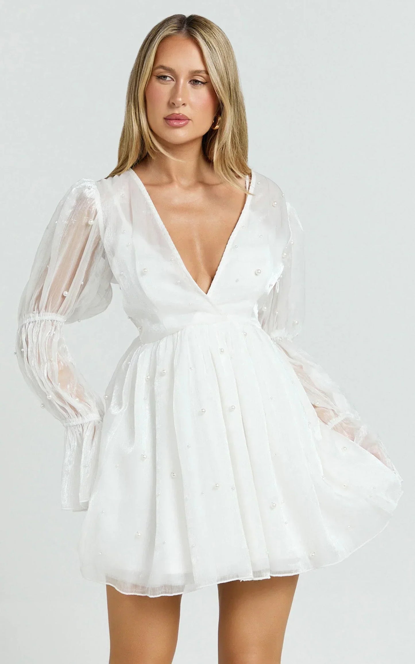 Solanna Mini Dress - Long Puff Sleeve V Neck Dress in White