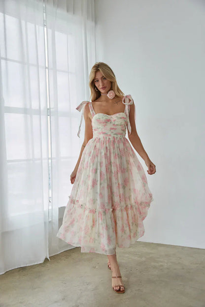 Celine Floral Tie Strap Maxi Dress