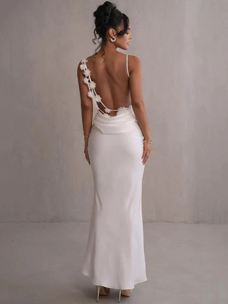 Veraïa – Satin maxi dress with floral appliqués