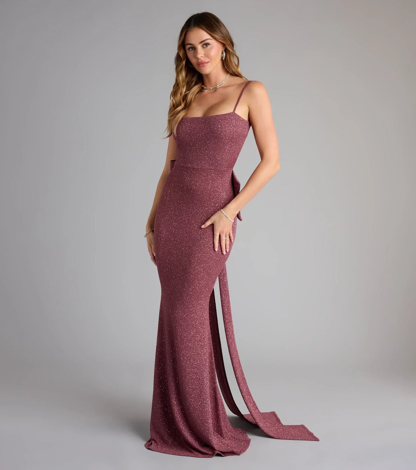 Gwendolyn Glitter Knit Bow-Back Mermaid Dress